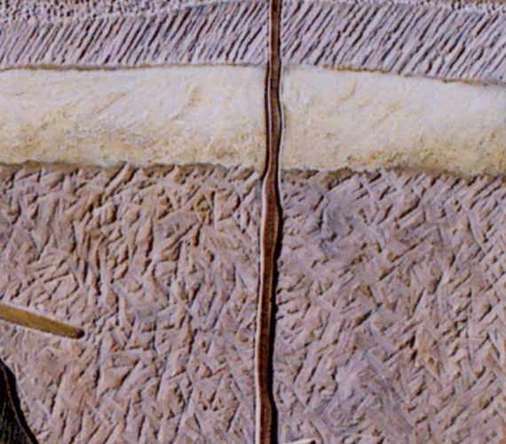 Le bol et le bâton (détail). Technique mixte (gravure sur pierre et pigments).