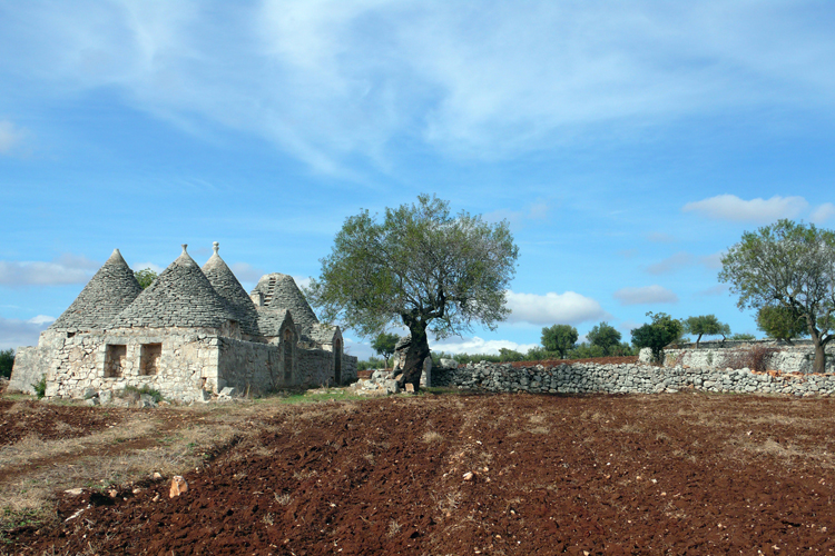 Les <i>trulli</i> dAlberobello, constructions en pierres  chaux et sans mortier, sont des habitations typiques de la rgion des Pouilles. Le sommet des toits coniques est traditionnellement orn de symboles sotriques.