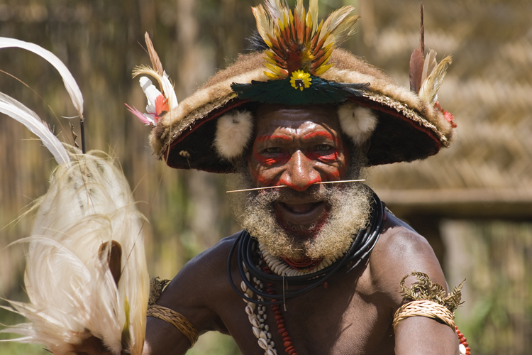 Ce vieil homme de lethnie Huli qui occupe le bassin de Tari, porte une perruque faite de ses propres cheveux lors de rites initiatiques.