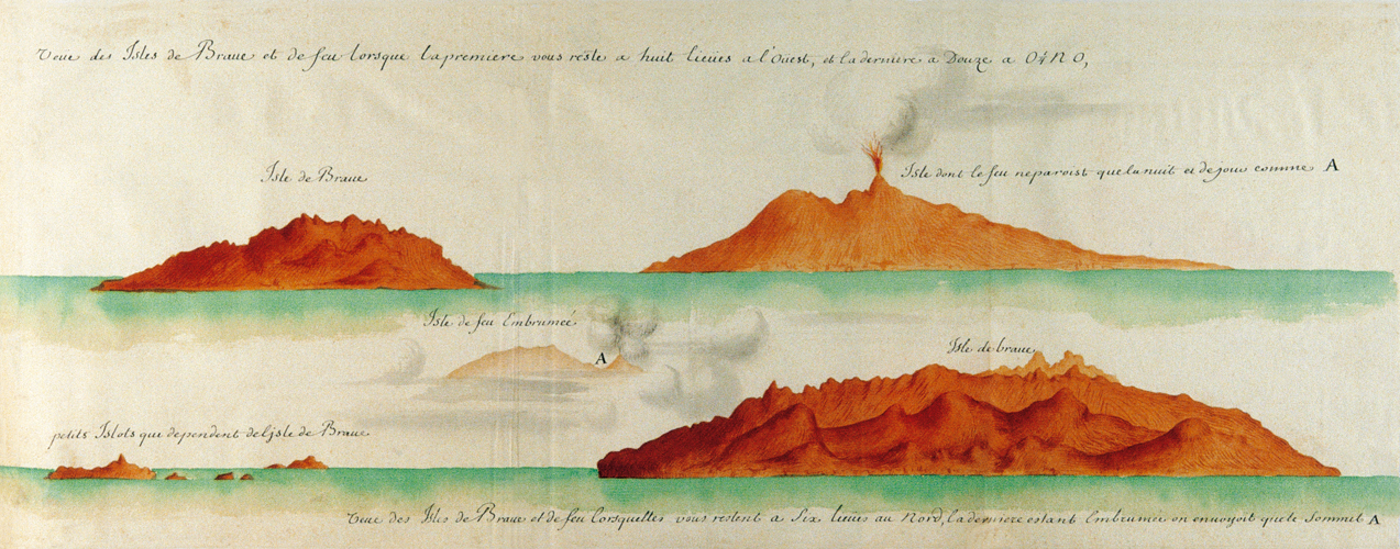 Vue des les de Brava et de Fogo lorsque la premire vous reste  8lieues  louest et la dernire  12  O. 1/4 N.-O. le de Brava. le dont le feu ne parat que la nuit et de jour commeA. Vue des les de Brava et de Fogo lorsquelles vous restent  6lieues au nord; la dernire tant embrume, on en voyait que le sommetA. A.le de Fogo embrume. Petits lots qui dpendent de lle de Brava. le de Brava.