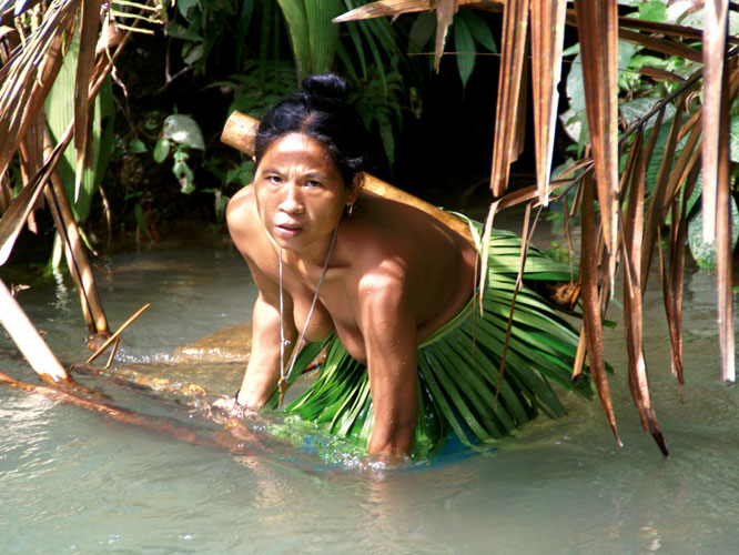 La pche en eau douce est une activit fminine. La pcheuse, vtue dune jupe en feuilles de bananier, utilise une puisette ou une nasse et place ses prises dans un bambou port dans le dos.